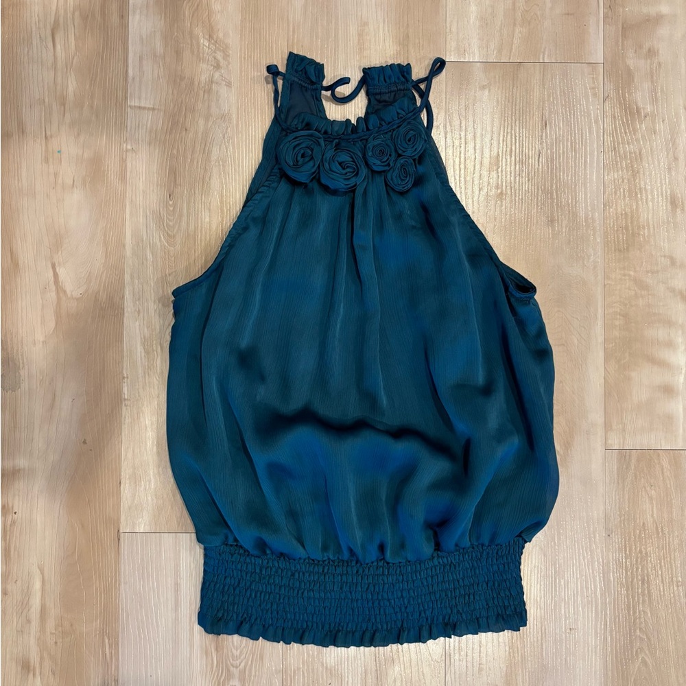 Vintage Teal Drop Waist Halter Tank - Floral Embellished